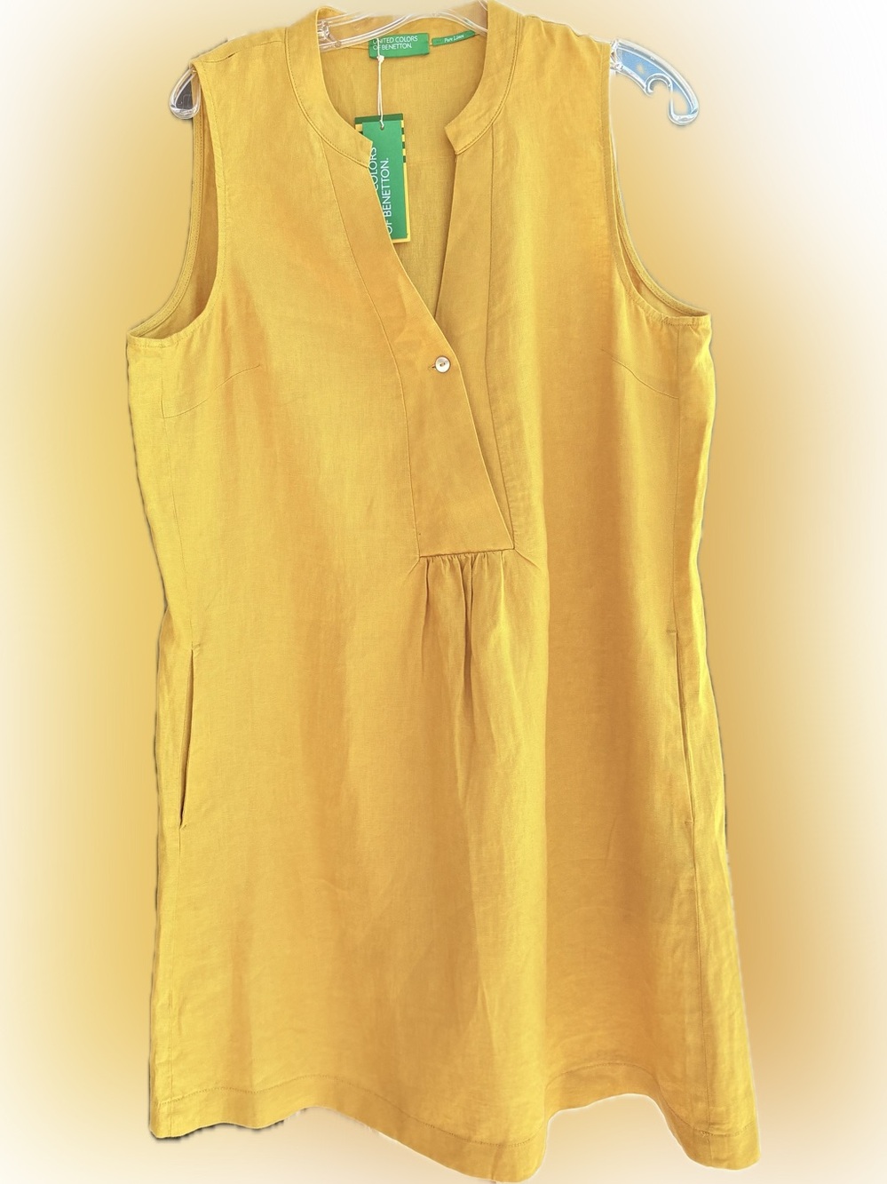 United Colors Of Benetton Mustard Yellow Sleeveless V-Neck Linen Tunic